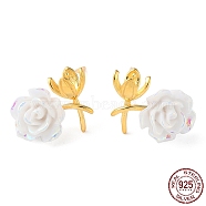 925 Sterling Silver Stud Earring Findings, with Resin, Flower, for Half Drilled Beads, with S925 Stamp, Real 18K Gold Plated, 10x14mm, Pin: 11x0.9mm and 0.8mm(STER-M115-10G)