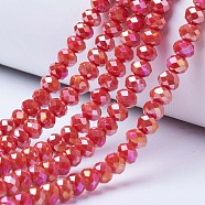 Electroplate Glass Beads Strands, Opaque Solid Color, AB Color Plated, Faceted, Rondelle, Red, 6x5mm, Hole: 1mm, about 92~94pcs/strand, 17~17.5 inch(42.5~43.75cm)(X-EGLA-A034-P6mm-B06)
