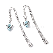 Angel Alloy Hook Bookmarks, with ABS Plastic Imitation Pearl Beads, Antique Silver, Deep Sky Blue, 124x20x2.1mm, 2pcs/set(AJEW-JK00315-03)