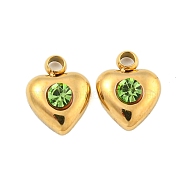 304 Stainless Steel Pendants, with Rhinestone, Heart Charms, Real 14K Gold Plated, Peridot, 7x6x2.5mm, Hole: 1.2mm(STAS-L080-008G-02)