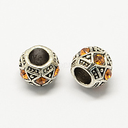 Alloy Rhinestone European Beads, Rondelle Large Hole Beads, Antique Silver, Topaz, 11x8~9mm, Hole: 5~6mm(MPDL-R036-05E)