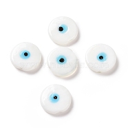 Handmade Evil Eye Lampwork Beads, Flat Round, White, 17~17.5x4mm, Hole: 1.2mm(LAMP-E026-01H)