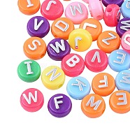 Plating Opaque Acrylic Beads, Metal Enlaced, Flat Round with Letter, Mixed Color, 10x6mm, Hole: 1.8mm, about 632pcs/200g(MACR-SZ0001-46A)