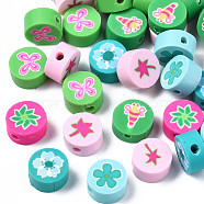 Handmade Polymer Clay Beads, Flat Round with Plant/Animal, Mixed Color, 9~10x4~5mm, Hole: 1.6mm(CLAY-N006-49)