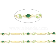 Real 18K Gold Plated Brass Oval & Flat Round Link Chains, with Glass Beaded, Soldered, with Spool, Lead Free & Cadmium Free & Nickel Free, Light Green, 10x4.5x1.7mm, 15x2.5x0.3mm(CHC-F844-10B)