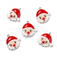Opaque Resin Pendants, with Platinum Tone Iron Loops, Christmas Theme, Santa Claus, White, 27x25.5x6mm, Hole: 2mm(RESI-D055-006P)