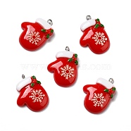 Opaque Resin Pendants, with Platinum Tone Iron Loops, Christmas Theme, Gloves, Red, 29.5x22.5x6mm, Hole: 2mm(X-RESI-D055-009P)
