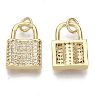 Brass Micro Pave Cubic Zirconia Pendants, with Jump Rings, Nickel Free, Lock, Clear, Real 16K Gold Plated, 16x11x3mm, Hole: 3mm(ZIRC-S067-013-NF)