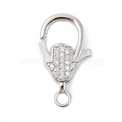 Brass Micro Pave Clear Cubic Zirconia Lobster Claw Clasps, Rack Plating, Long-Lasting Plated, Cadmium Free & Lead Free, Hamsa Hand, Platinum, 23.5x13.5x5mm, Hole: 2.5mm(KK-P299-04P)