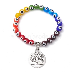 7-Color 8mm Round Alloy Handmade Evil Eye Lampwork Stretch Bracelets, Tree of Life Charm Bracelets for Women, Colorful, Inner Diameter: 2-1/4 inch(5.8cm), Bead: 8mm(BJEW-JB10198-02)