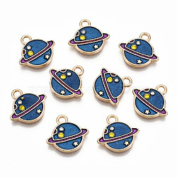 Alloy Enamel Charms, with Rhinestone with Glitter Powder, Cadmium Free & Lead Free, Planet, Light Gold, Blue, 12.5x13.5x2mm, Hole: 1.6mm(X-ENAM-S126-009-RS)