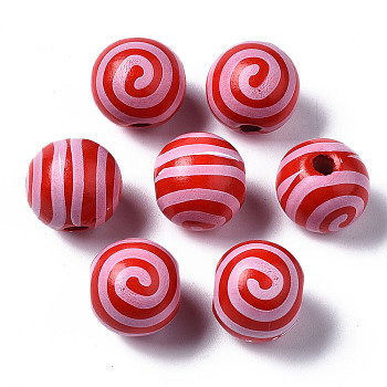 Painted Natural Wood European Beads, Large Hole Beads, Printed, Round with Stripe, FireBrick, 16x15mm, Hole: 4mm