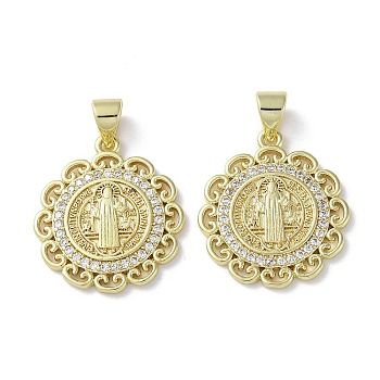 Rack Plating Brass Cubic Zirconia Pendants, Lead Free & Cadmium Free, Flat Round with Saint, Real 18K Gold Plated, 21x18x2mm, Hole: 5x3.5mm