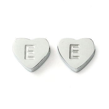 316L Surgical Stainless Steel Beads, Love Heart with Letter Bead, Stainless Steel Color, Letter E, 5.5x6.5x2.5mm, Hole: 1.4mm