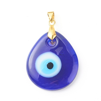 Handmade Lampwork Evil Eye Pendants, with Brass Pinch Bails, Teardrop, Medium Blue, 35x30x6mm, Hole: 4x5mm