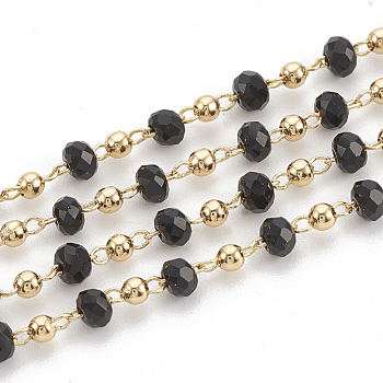 Handmade Brass Beaded Chains, Soldered, with Spool, with Faceted Glass Beads, Nickel Free, Real 18K Gold Plated, Black, 3x2mm, about 25m /Roll