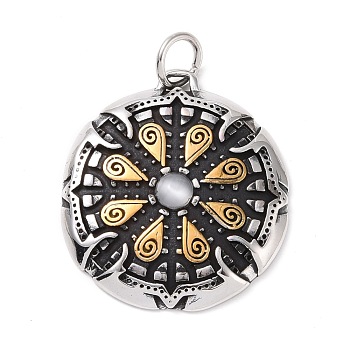 Ion Plating(IP) Tibetan Style 304 Stainless SteelManual Polishing Big Pendants, with Cat Eye & Jump Rings, Flat Round with Runes Charms, Antique Silver & Golden, 41x37x6mm, Hole: 7mm