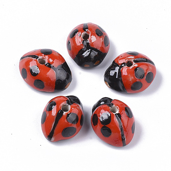 Handmade Porcelain Beads, Famille Rose Style, Ladybug, Red, 9~11x17~19x13~15mm, Hole: 2~2.5mm