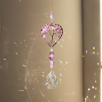 Natural Amethyst Chip Wrapped Heart with Tree of Life Hanging Ornaments, Glass Teardrop Tassel Suncatchers for Home Outdoor Decoration, 180mm