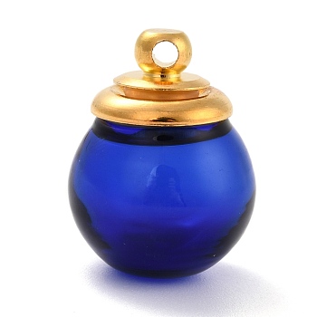 Glass Bottle Pendants, with 
Brass Cap, Wish Bottle Pendant, Refillable Bottle Pendant, Round, Golden, Blue, 23.5mm, Hole: 2mm