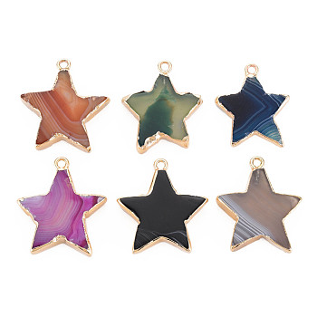 Natural Agate Pendants, with Light Gold Plated Iron Findings, Star, Dyed & Heated, Mixed Color, 29~34x25~31x4~6.5mm, Hole: 2mm