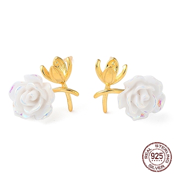 925 Sterling Silver Stud Earring Findings, with Resin, Flower, for Half Drilled Beads, with S925 Stamp, Real 18K Gold Plated, 10x14mm, Pin: 11x0.9mm and 0.8mm