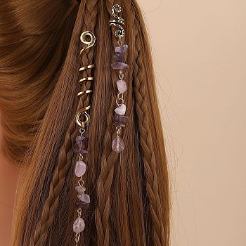 Alloy Dreadlocks Beads, Amethyst Braiding Hair Pendants Decoration Clips, 85~140x10mm, 2pcs/set