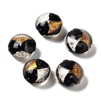Handmade Lampwork Beads, with Gold Foil, Oval, Black, 11~12x11.5~12.5x7~7.5mm, Hole: 2mm