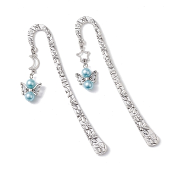 Angel Alloy Hook Bookmarks, with ABS Plastic Imitation Pearl Beads, Antique Silver, Deep Sky Blue, 124x20x2.1mm, 2pcs/set