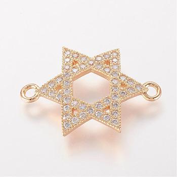 Brass Micro Pave Cubic Zirconia Links, for Jewish, Star of David, Golden, 25.5x18x2.5mm, Hole: 2mm