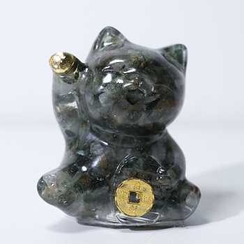 Resin Craft Display Decorations, with Natural Rutilated Quartz Chip, Lucky Cat Figurine, for Home Feng Shui Ornament, 63x55x45mm