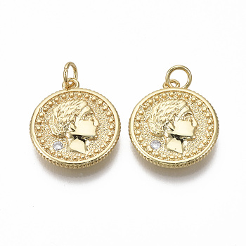 Brass Micro Pave Clear Cubic Zirconia Pendants, with Jump Ring,  Flat Round, Nickel Free, Real 18K Gold Plated, 19.5x17x3.5mm, Hole: 3mm