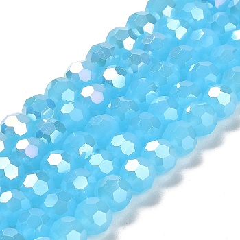 Imitation Jade Glass Beads Stands, AB Colors, Faceted, Round, Sky Blue, 8x7~7.5mm, Hole: 1.5mm, about 66pcs/strand, 18.82~19.06 inch(47.8~48.4cm)