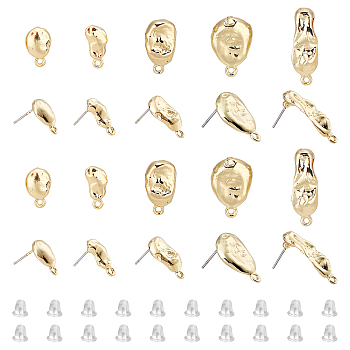 40Pcs 5 Style Alloy Stud Earring Findings, with Steel Pins and Loop, with 50Pcs Plastic Ear Nuts, Light Gold, 13.5~23.5x5~12.5mm, Hole: 1.2~1.6mm, Pin: 0.7mm, 8pcs/style