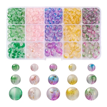 565Pcs 15 Colors Frosted Spray Painted Glass Beads, with Golden Foil, Round, Mixed Color, 10~11mm, Hole: 1.4~1.6mm
