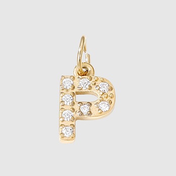 Stainless Steel Cubic Zirconia Pendants with Jump Rings, Real 14K Gold Plated, Long-Lasting Plated, Letter P, 8mm