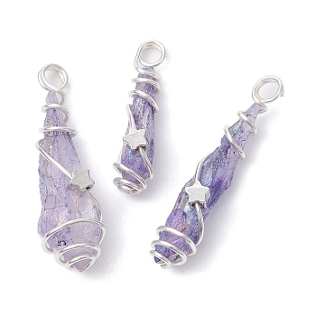Electroplated Natural Quartz Crystal Dyed Copper Wire Wrapped Pendants, Teardrop Charms with Brass Star, Silver Color Plated, Lilac, 27~37x7~13x6.5~10.5mm, Hole: 3.5mm