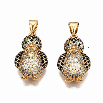 Brass Micro Pave Cubic Zirconia Pendants, Nickel Free, Real 16K Gold Plated, Penguin, Clear, 20x12.5x7mm, Hole: 3x5mm