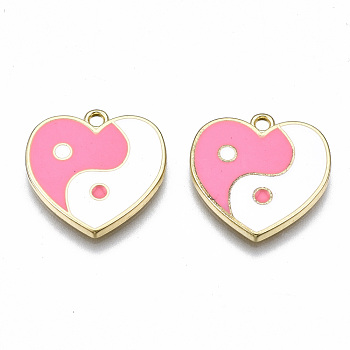 Rack Plating Alloy Enamel Pendants, Cadmium Free & Lead Free, Heart with Yin Yang, Light Gold, Pearl Pink, 18.5x18.5x2mm, Hole: 1.5mm