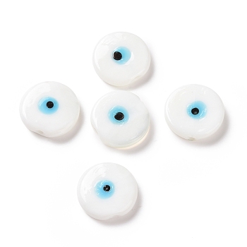 Handmade Evil Eye Lampwork Beads, Flat Round, White, 17~17.5x4mm, Hole: 1.2mm