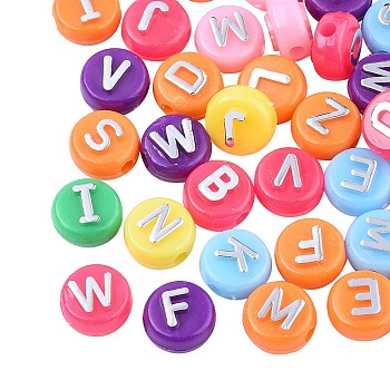 Plating Opaque Acrylic Beads, Metal Enlaced, Flat Round with Letter, Mixed Color, 10x6mm, Hole: 1.8mm, about 632pcs/200g