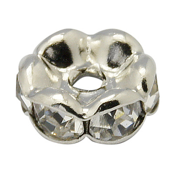 Brass Rhinestone Spacer Beads, Grade AAA, Wavy Edge, Nickel Free, Platinum Metal Color, Rondelle, Crystal, 8x3.8mm, Hole: 1.5mm