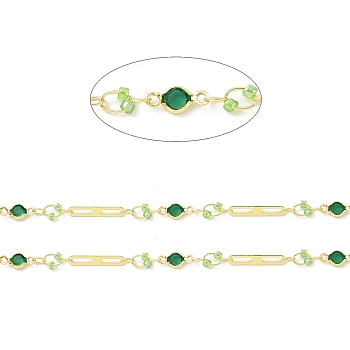 Real 18K Gold Plated Brass Oval & Flat Round Link Chains, with Glass Beaded, Soldered, with Spool, Lead Free & Cadmium Free & Nickel Free, Light Green, 10x4.5x1.7mm, 15x2.5x0.3mm