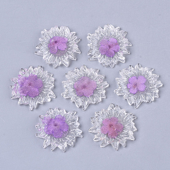 Transparent Clear Epoxy Resin Cabochons, with Dried Flower Inside, Flower, Orchid, 32~35x6mm