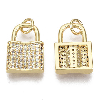 Brass Micro Pave Cubic Zirconia Pendants, with Jump Rings, Nickel Free, Lock, Clear, Real 16K Gold Plated, 16x11x3mm, Hole: 3mm