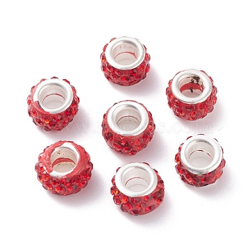 (Defective Closeout Sale Border damaged)Polymer Clay Rhinestone European Beads, Large Hole Beads, Rondelle, with Silver Color Plated Brass Cores, Hyacinth, 10~11x7~7.5mm, Hole: 4.5~5mm(RB-XCP0001-05S-02)