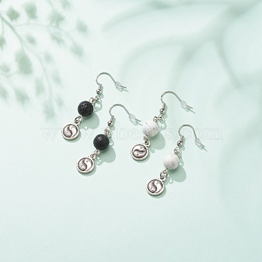 2Pair 2 Style Natural Lava Rock & Howlite with Yin Yang Long Dangle Earrings(EJEW-JE04962-02)-3