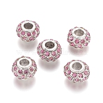Antique Silver Plated Alloy European Beads, Large Hole Beads, with Rhinestone, Rondelle, Light Rose, 13.5x8mm, Hole: 5mm(MPDL-L029-X01-AS)