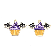 Halloween Alloy Enamel Pendant, Bat with Cake, Light Gold, 22x30x1mm, Hole: 1.5mm(X-ENAM-B047-01LG)