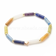 Natural Mixed Gemstone Curved Tube Chunky Stretch Bracelet with Brass Heart, Chakra Jewelry for Women, Inner Diameter: 2-1/8 inch(5.4cm)(BJEW-JB08127)